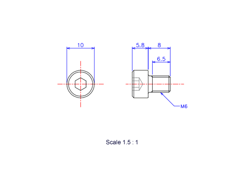 六角穴付ボルトM6x8Lメートルタイプ（図面）