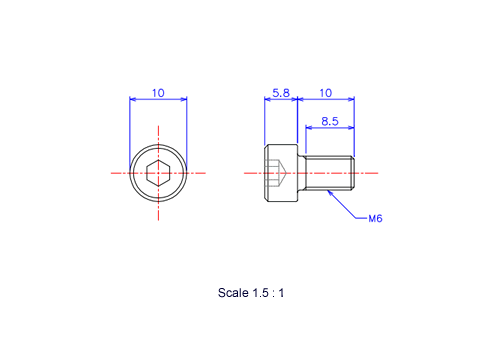 六角穴付ボルトM6x10Lメートルタイプ（図面）