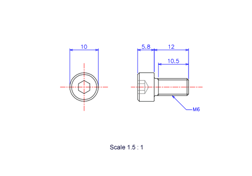 六角穴付ボルトM6x12Lメートルタイプ（図面）