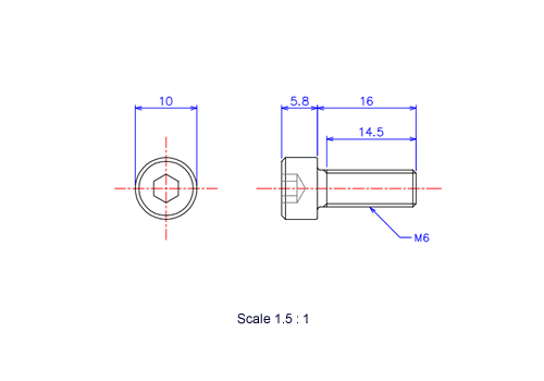 六角穴付ボルトM6x16Lメートルタイプ（図面）