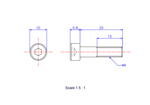 六角穴付ボルトM6x25Lメートルタイプ（図面）
