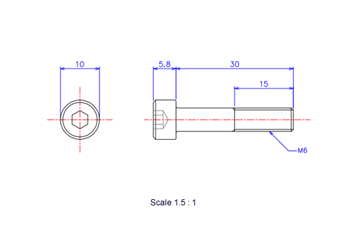 六角穴付ボルトM6x30Lメートルタイプ（図面）