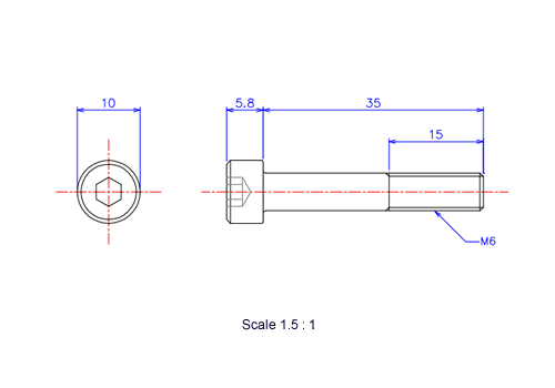六角穴付ボルトM6x35Lメートルタイプ（図面）