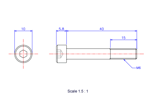 六角穴付ボルトM6x40Lメートルタイプ（図面）