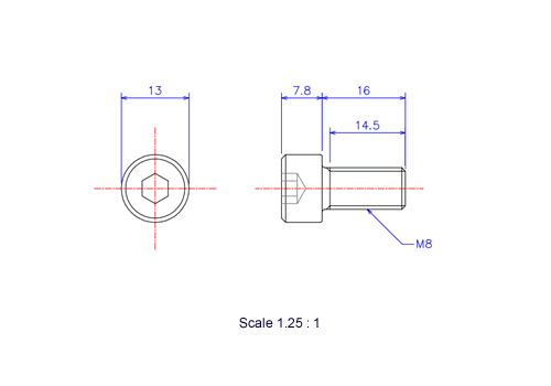 六角穴付ボルトM8x16Lメートルタイプ（図面）