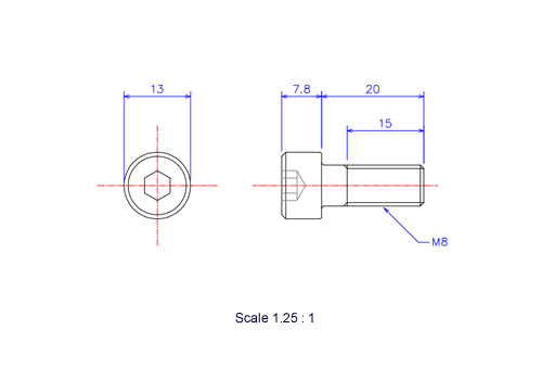 六角穴付ボルトM8x20Lメートルタイプ（図面）