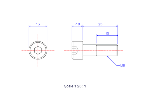 六角穴付ボルトM8x25Lメートルタイプ（図面）
