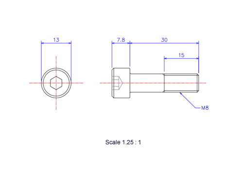 六角穴付ボルトM8x30Lメートルタイプ（図面）