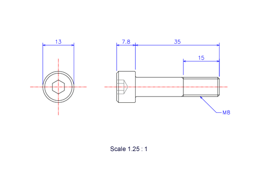 六角穴付ボルトM8x35Lメートルタイプ（図面）