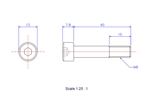 六角穴付ボルトM8x40Lメートルタイプ（図面）