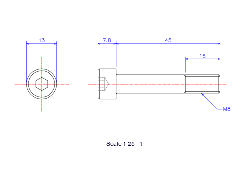六角穴付ボルトM8x45Lメートルタイプ（図面）