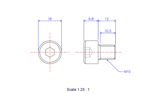 六角穴付ボルトM10x12Lメートルタイプ（図面）