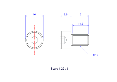 六角穴付ボルトM10x16Lメートルタイプ（図面）