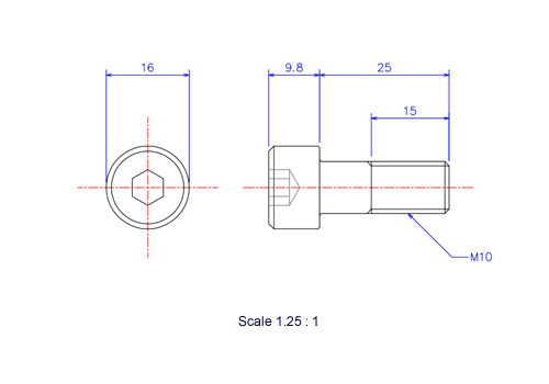 六角穴付ボルトM10x25Lメートルタイプ（図面）