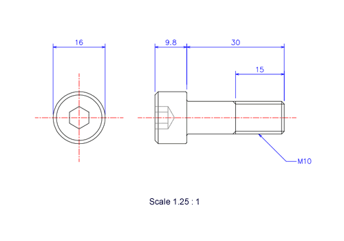 六角穴付ボルトM10x30Lメートルタイプ（図面）