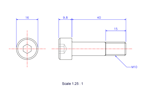 六角穴付ボルトM10x40Lメートルタイプ（図面）
