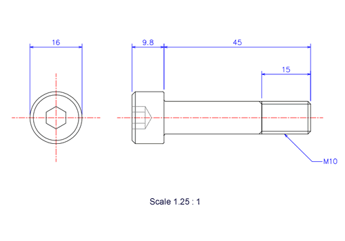 六角穴付ボルトM10x45Lメートルタイプ（図面）