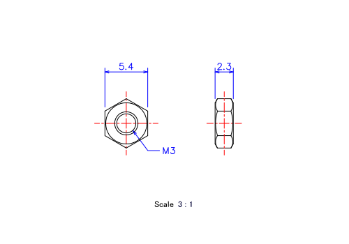 六角ナットM3xH2.3メートルタイプ（図面）