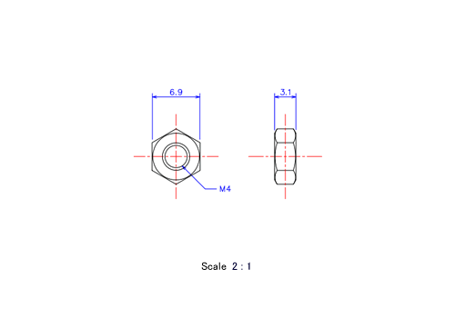六角ナットM4xH3.1メートルタイプ（図面）