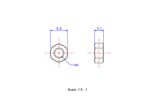 六角ナットM6xH5.1メートルタイプ（図面）