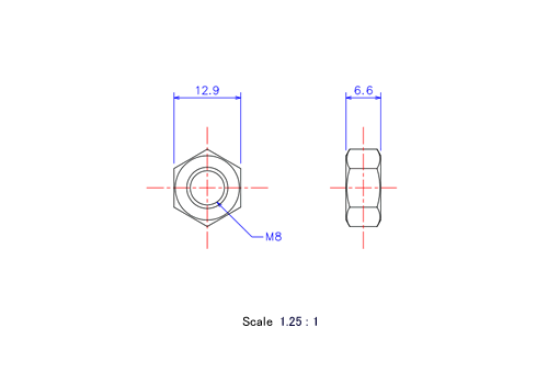 六角ナットM8x6.7tメートルタイプ（図面）
