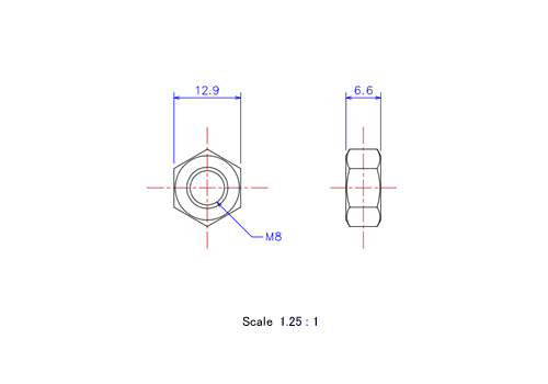 六角ナットM8x6.7tメートルタイプ(図面)