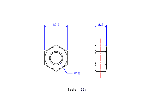 六角ナットM10xH8.2メートルタイプ（図面）