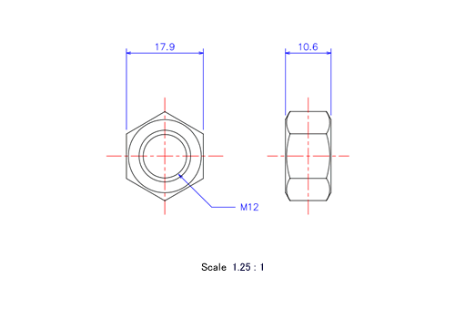 六角ナットM12xH10.6メートルタイプ（図面）