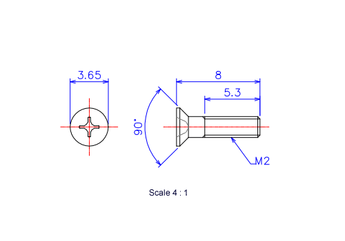 サラ頭ねじM2x8Lメートルタイプ（図面）