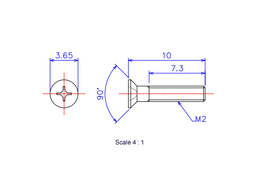 サラ頭ねじM2x10Lメートルタイプ（図面）