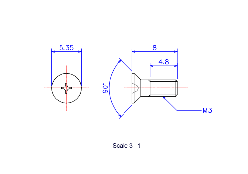 サラ頭ねじM3x8Lメートルタイプ（図面）