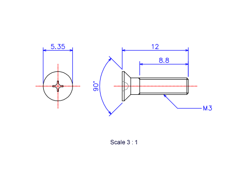 サラ頭ねじM3x12Lメートルタイプ（図面）