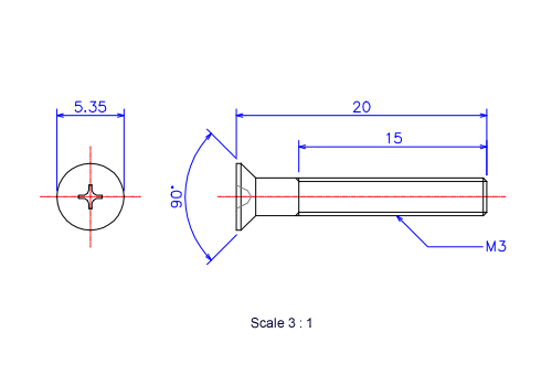 サラ頭ねじM3x20Lメートルタイプ（図面）
