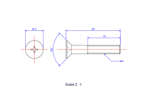 サラ頭ねじM4x25Lメートルタイプ（図面）