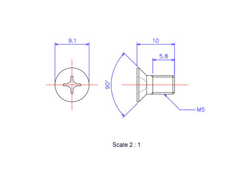 サラ頭ねじM5x10Lメートルタイプ(図面)