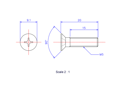 サラ頭ねじM5x20Lメートルタイプ（図面）