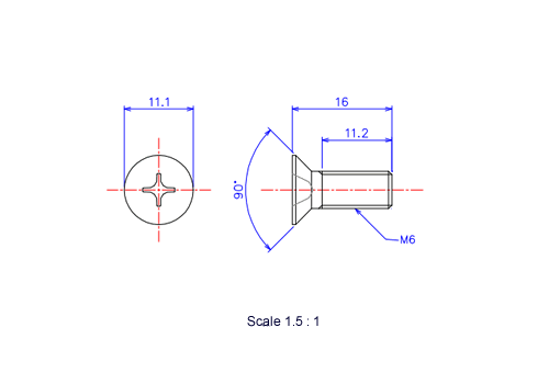 サラ頭ねじM6x16Lメートルタイプ（図面）
