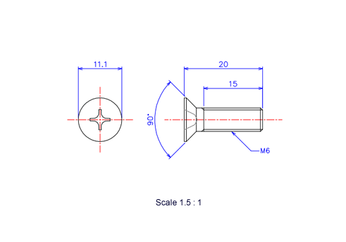 サラ頭ねじM6x20Lメートルタイプ（図面）