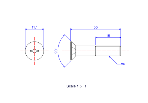 サラ頭ねじM6x30Lメートルタイプ（図面）