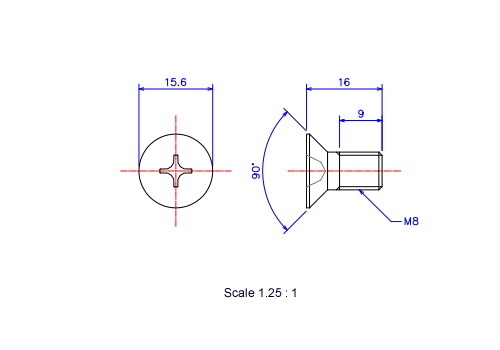 サラ頭ねじM8x16Lメートルタイプ（図面）