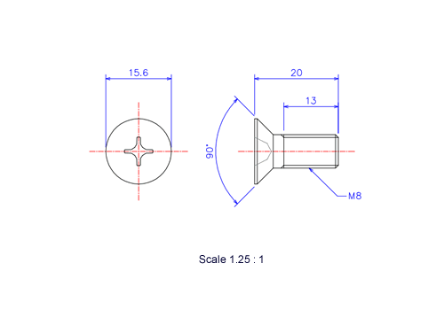 サラ頭ねじM8x20Lメートルタイプ（図面）