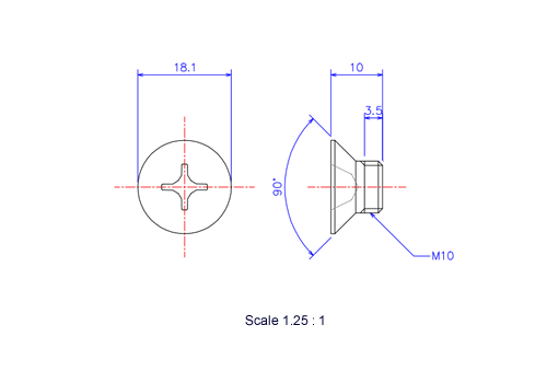 サラ頭ねじM10x10Lメートルタイプ（図面）