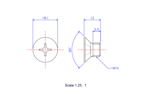 サラ頭ねじM10x12Lメートルタイプ（図面）