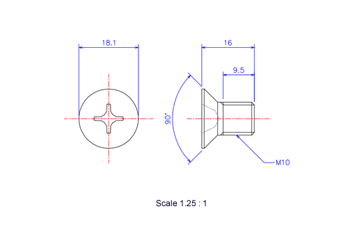 サラ頭ねじM10x16Lメートルタイプ（図面）