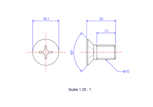 サラ頭ねじM10x20Lメートルタイプ（図面）