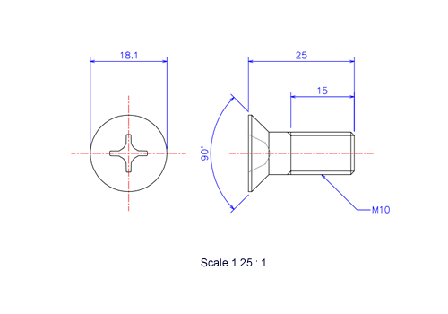 サラ頭ねじM10x25Lメートルタイプ（図面）