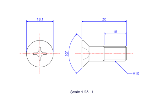 サラ頭ねじM10x30Lメートルタイプ（図面）