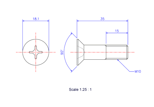 サラ頭ねじM10x35Lメートルタイプ（図面）