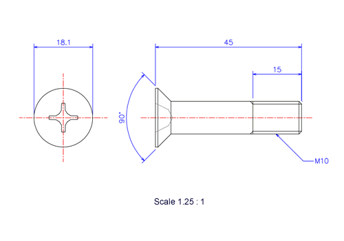 サラ頭ねじM10x45Lメートルタイプ（図面）