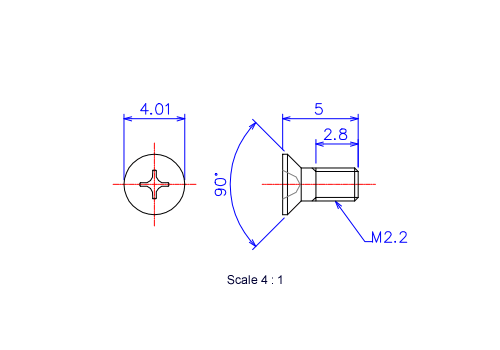 サラ頭ねじM2.2x5Lメートルタイプ（図面）